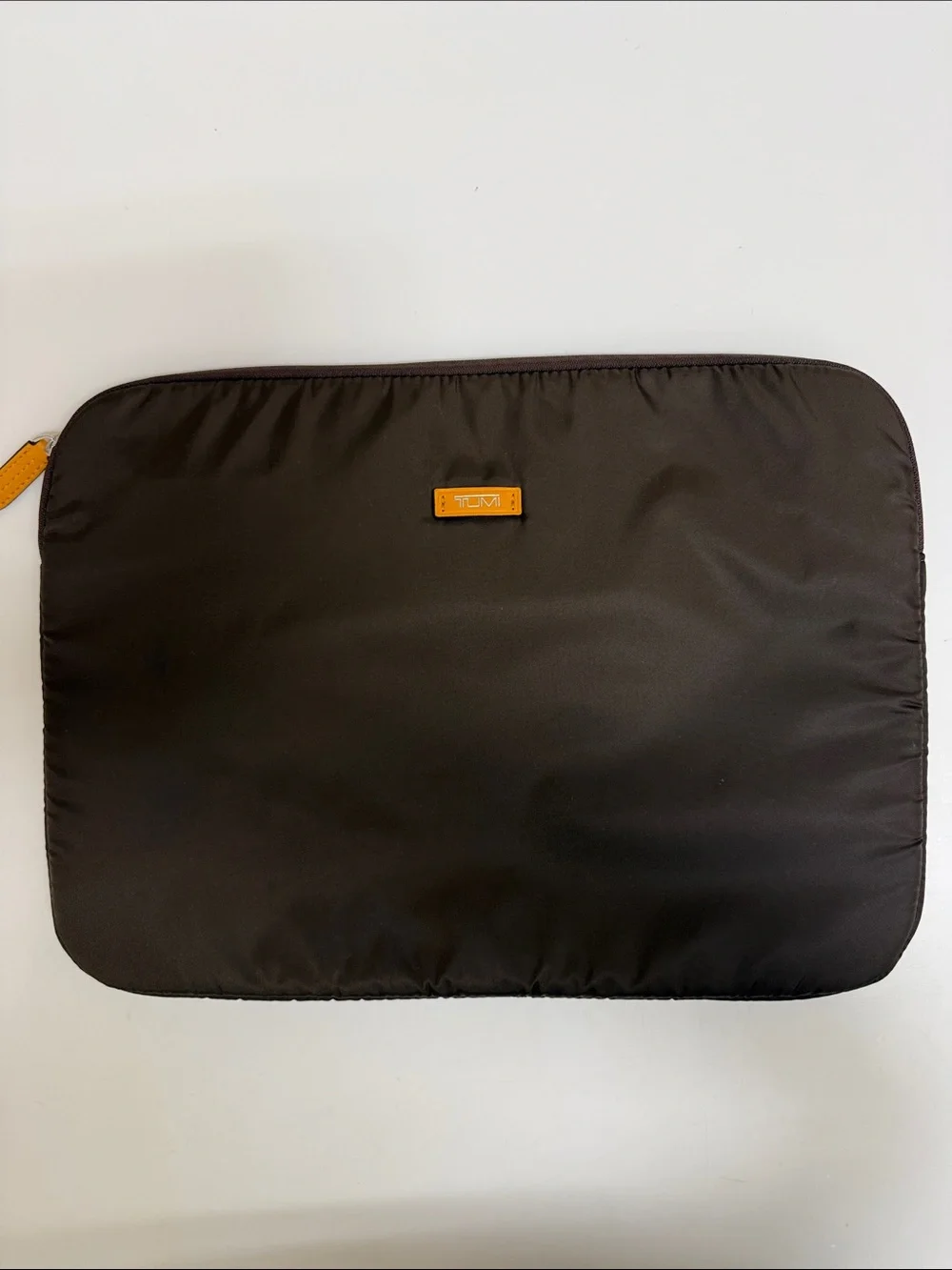 Tumi Brown Laptop Sleeve with Orange Logo Accent
